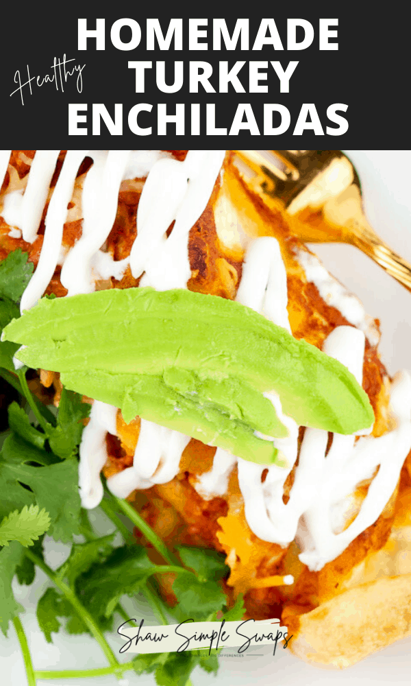 Pinterest image with black overlay and white text with a red sauce enchilada on the bottom.