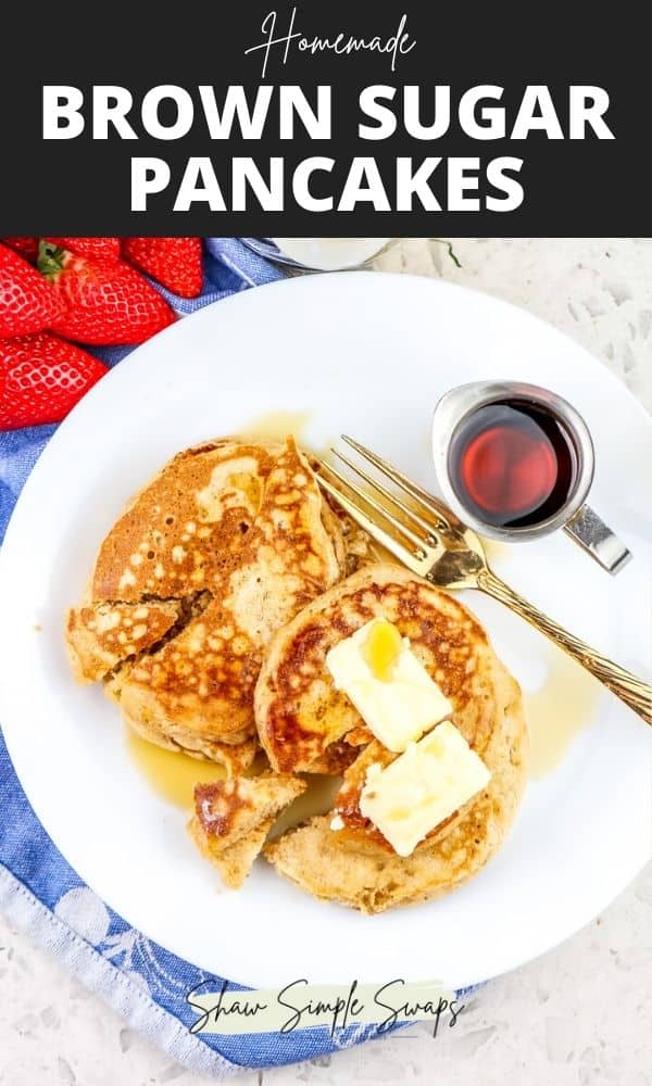 Pinterest image with black text on top with white plate topped with brown pancakes and butter.