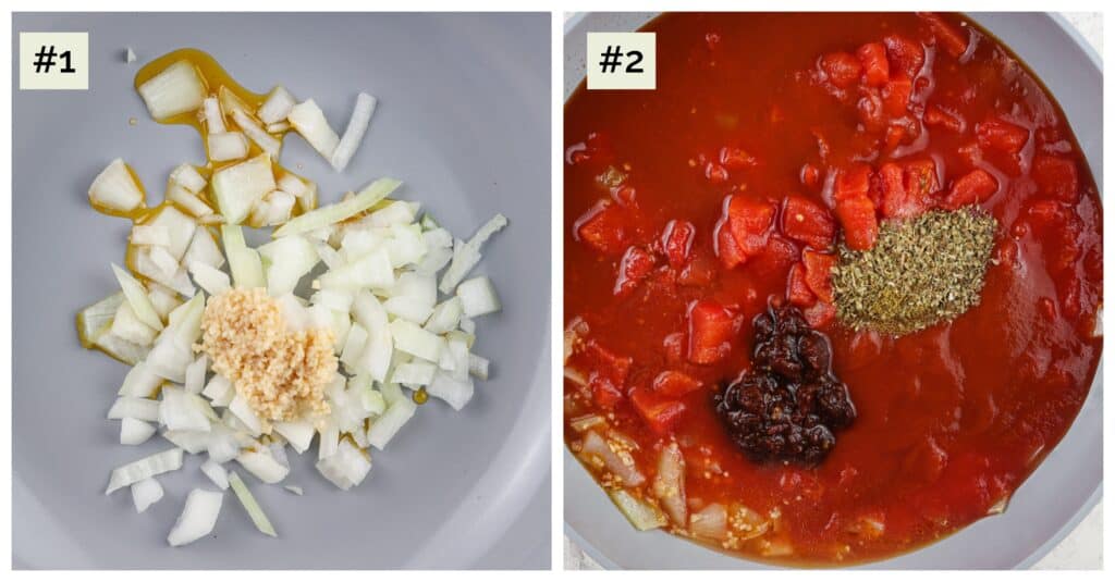 Picture collage of two side by side images, first being onions and garlic in saute pan, second is red sauce with dark brown spices in the saute pan. 