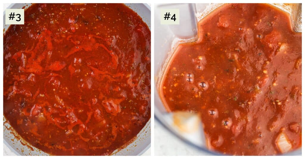 Picture collage of two side by side images with first being a cooked, simmering red sauce, the second being the sauce in a blender. 