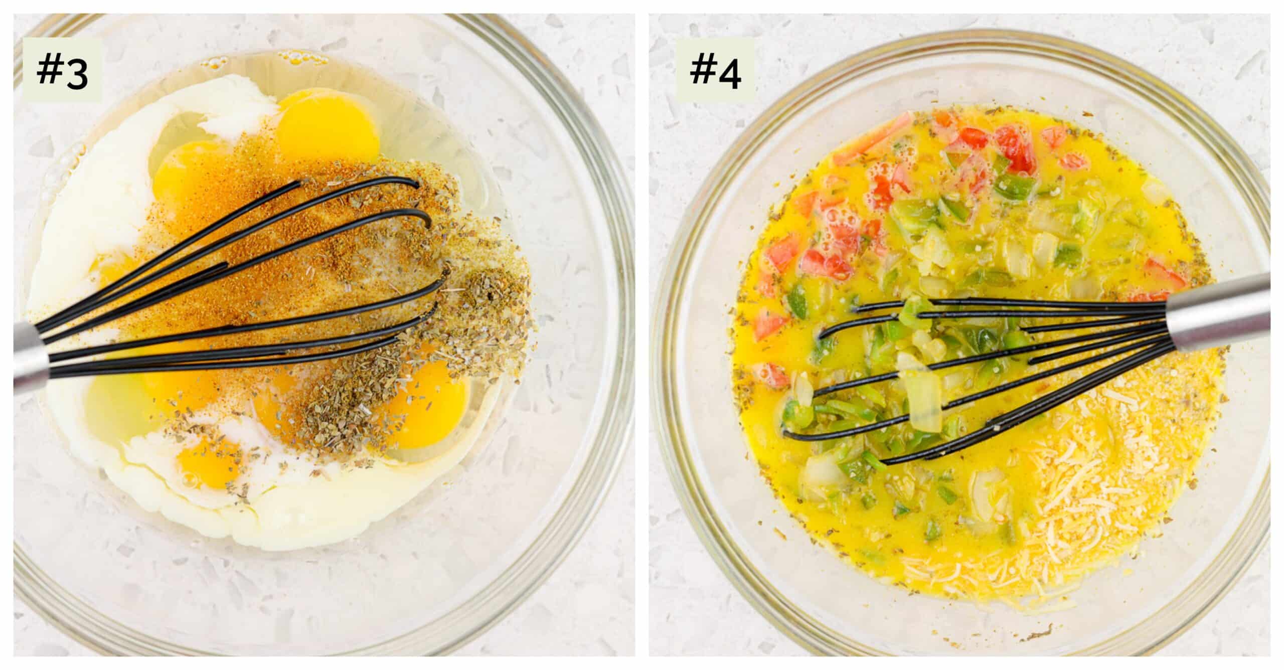 White marble backdrop of two collage images, first of eggs and spices in a bowl with a whisk, second of glass bowl with whisked egg mixture with veggies added.