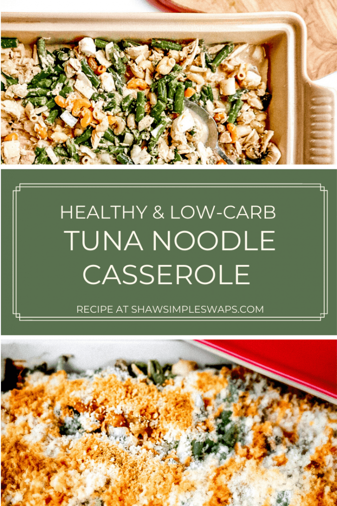 Healthy Tuna Noodle Casserole is a simple, low-carb main meal the entire family will enjoy! Relive the homemade classic, made healthier! Can easily be made gluten-free as well. #tunanoodlecasserole #healthycasserole #seafood2xweek #tunarecipes