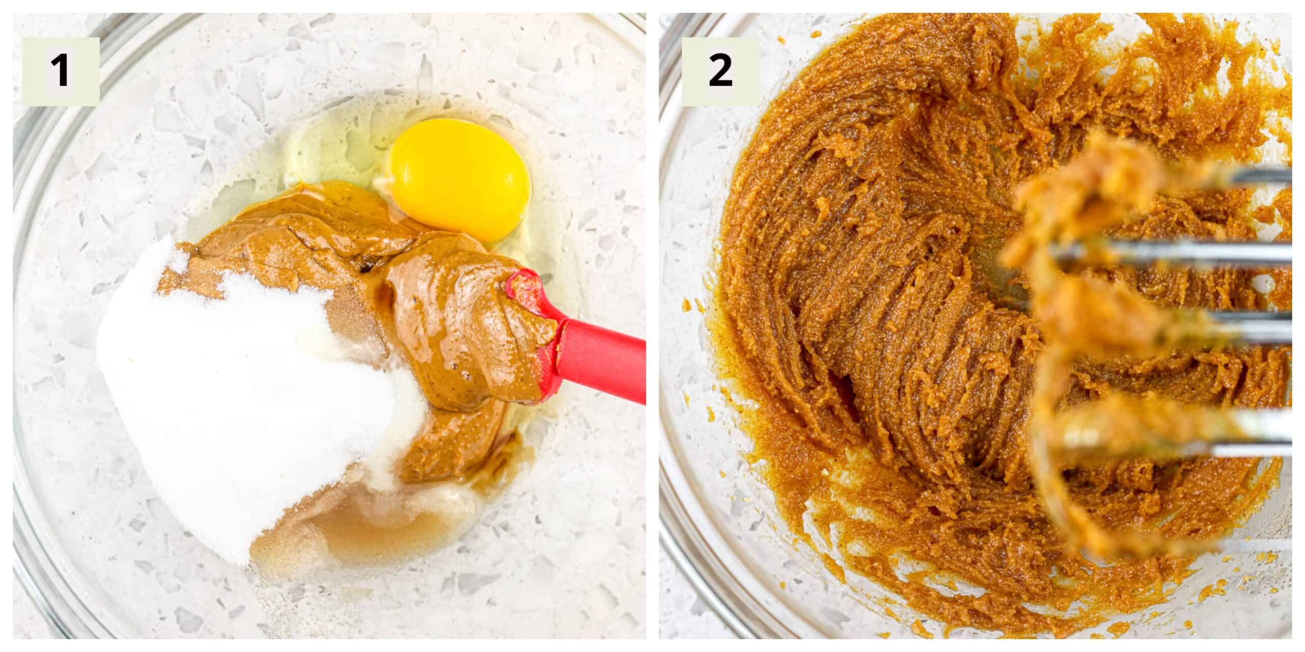 Two collage image with #1 being the egg, pb, and sugar in a glass bowl with red spatula, second being the hand mixer whisks with the dough attached to it.