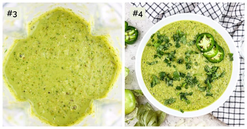 Two picture collage, the first of pureed green salsa in blender, the second with the salsa in a white bowl with garnishes on top. 