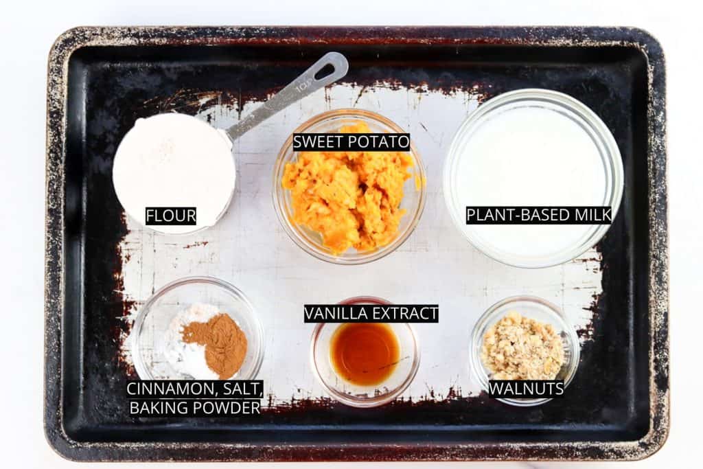 Image of ingredients needed to make vegan sweet potato pancakes. 