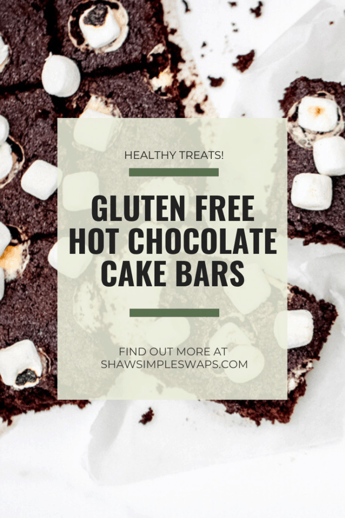 Hot Chocolate Cake Bars - A gluten free holiday or anytime treat the entire crowd will enjoy! Lightened up with half the sugar of a traditional cake bar, this recipe is sure to satisfy a sweet tooth, healthfully! #glutenfreetreats #hotchococolatebars #hotcocoabars #healthyholidaytreats #cookiesforsanta