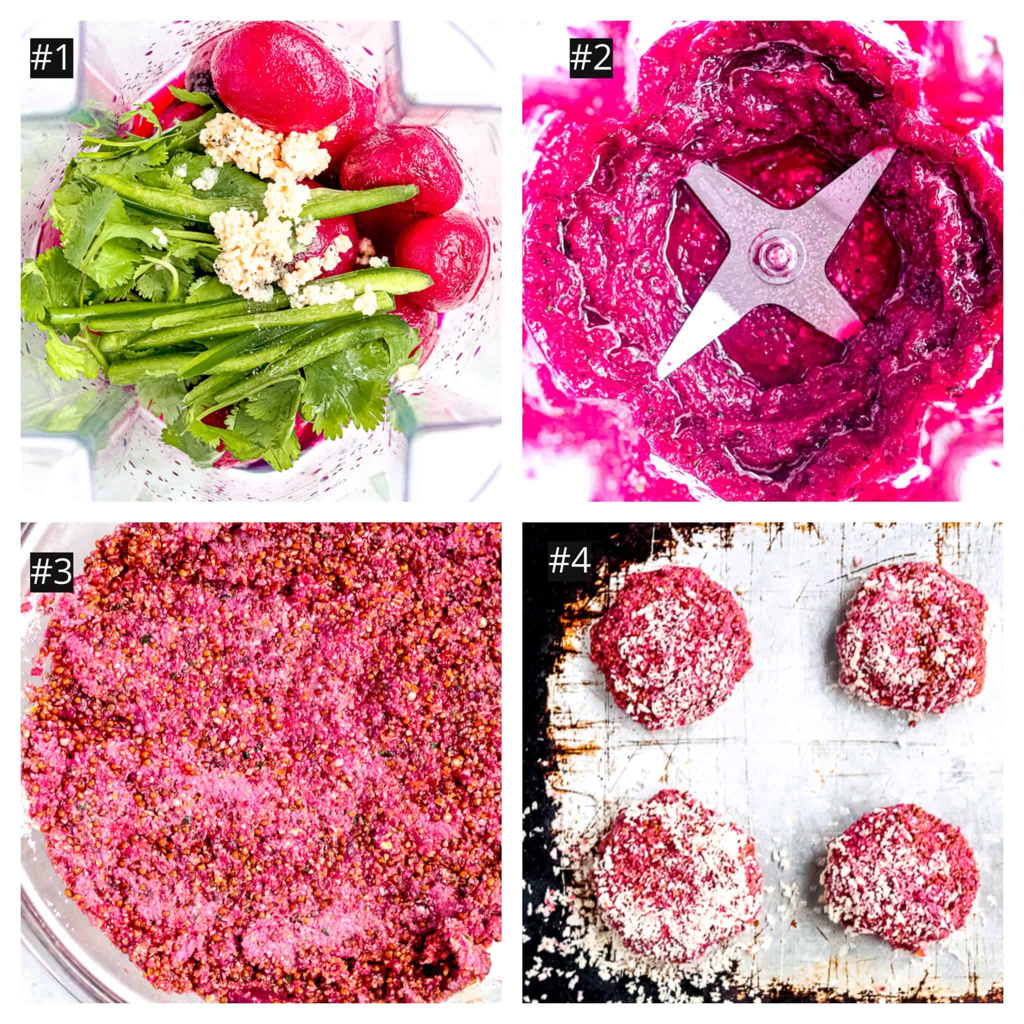 Process shots of beetroot quinoa burger.