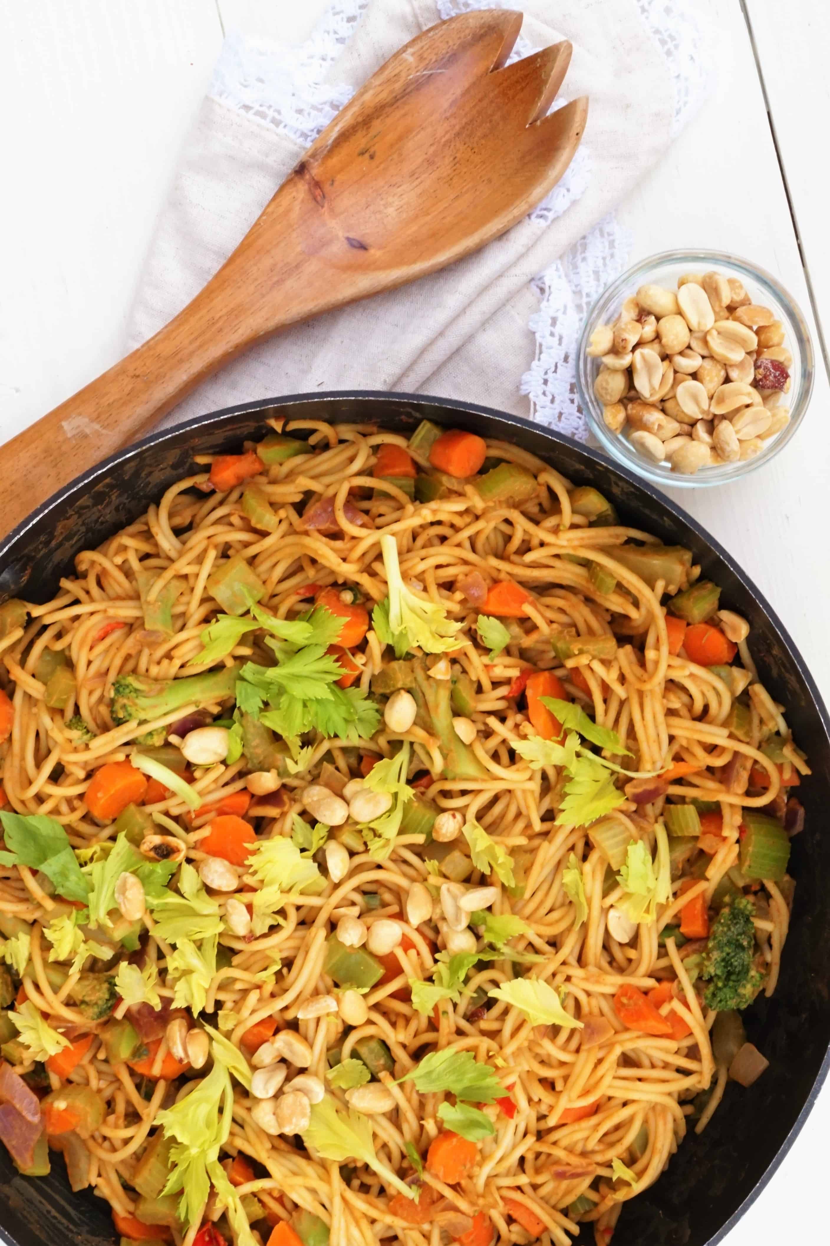 Vegetable Spaghetti Stir Fry with Spicy Peanut Sauce - Shaw's Simple Swaps