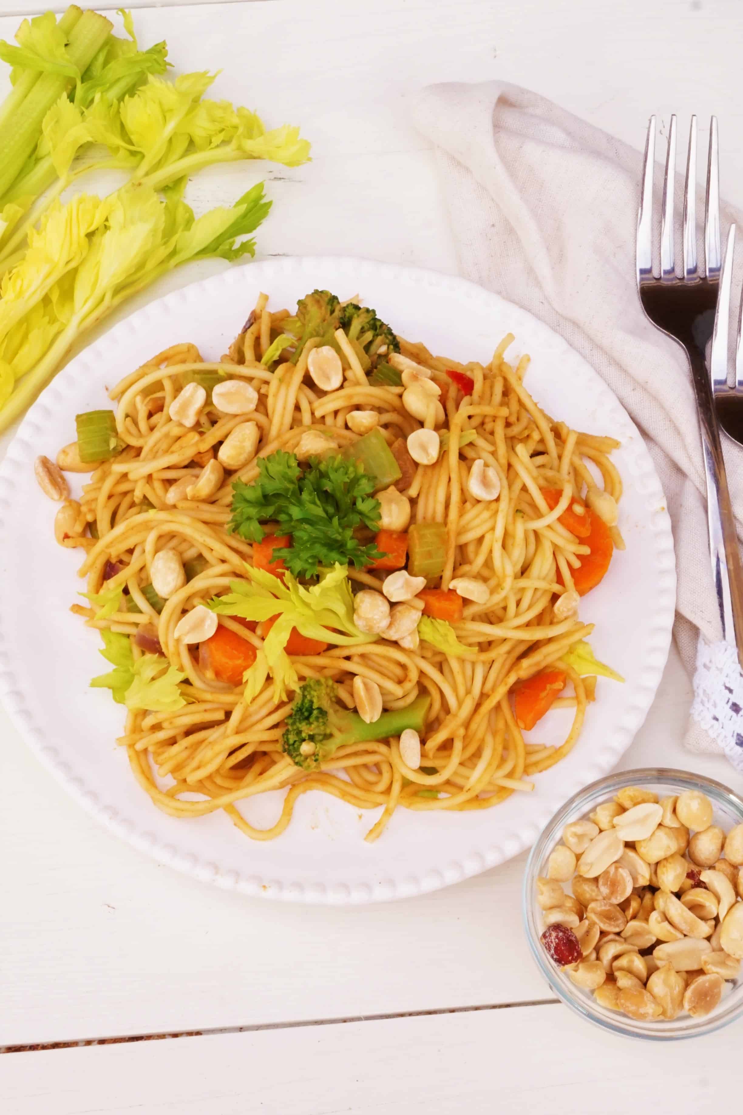 Vegetable Spaghetti Stir Fry with Spicy Peanut Sauce - Shaw's Simple Swaps