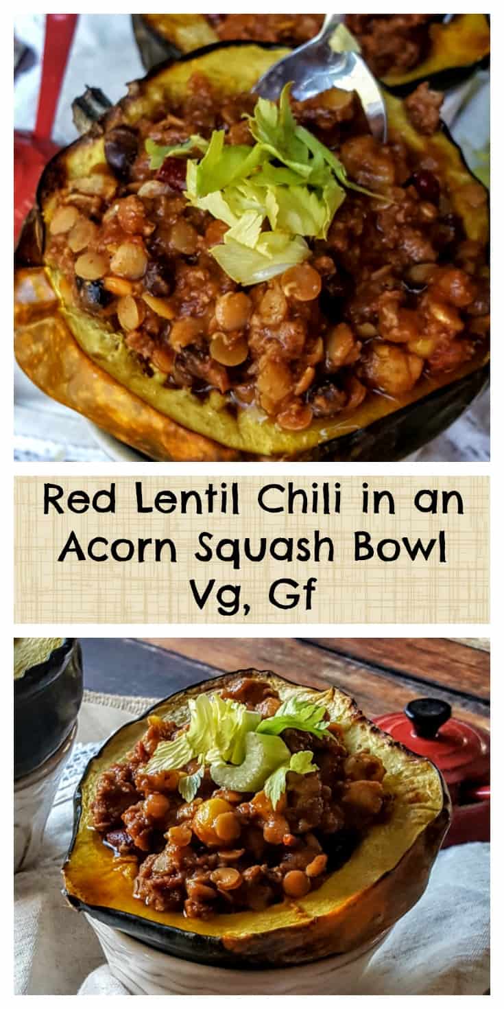 Red Lentil Chili in an Acorn Squash is the perfect plant based power bowl that takes just like fall! Gluten free, vegan too!-@shawsimpleswaps