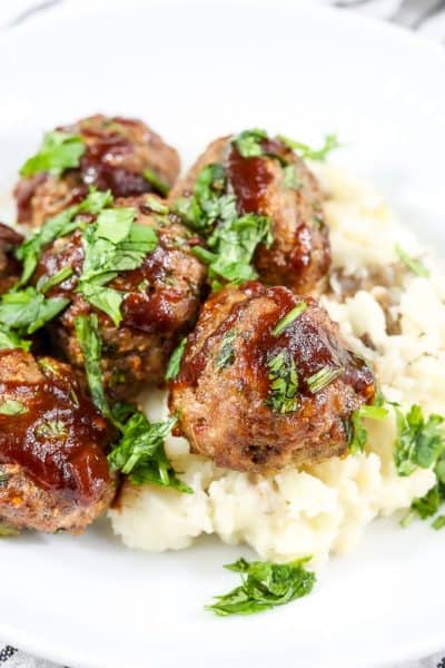 PLATED MEATBALLS WITH POTATOES.
