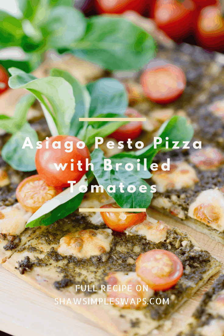 Asiago Pesto Pizza with Broiled Tomatoes - Vegetarian, Gluten Free Option @shawsimpleswaps