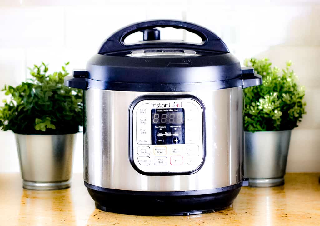 Picture of silver instant pot with black lid on brown countertop with two green plants in silver pots on each side.