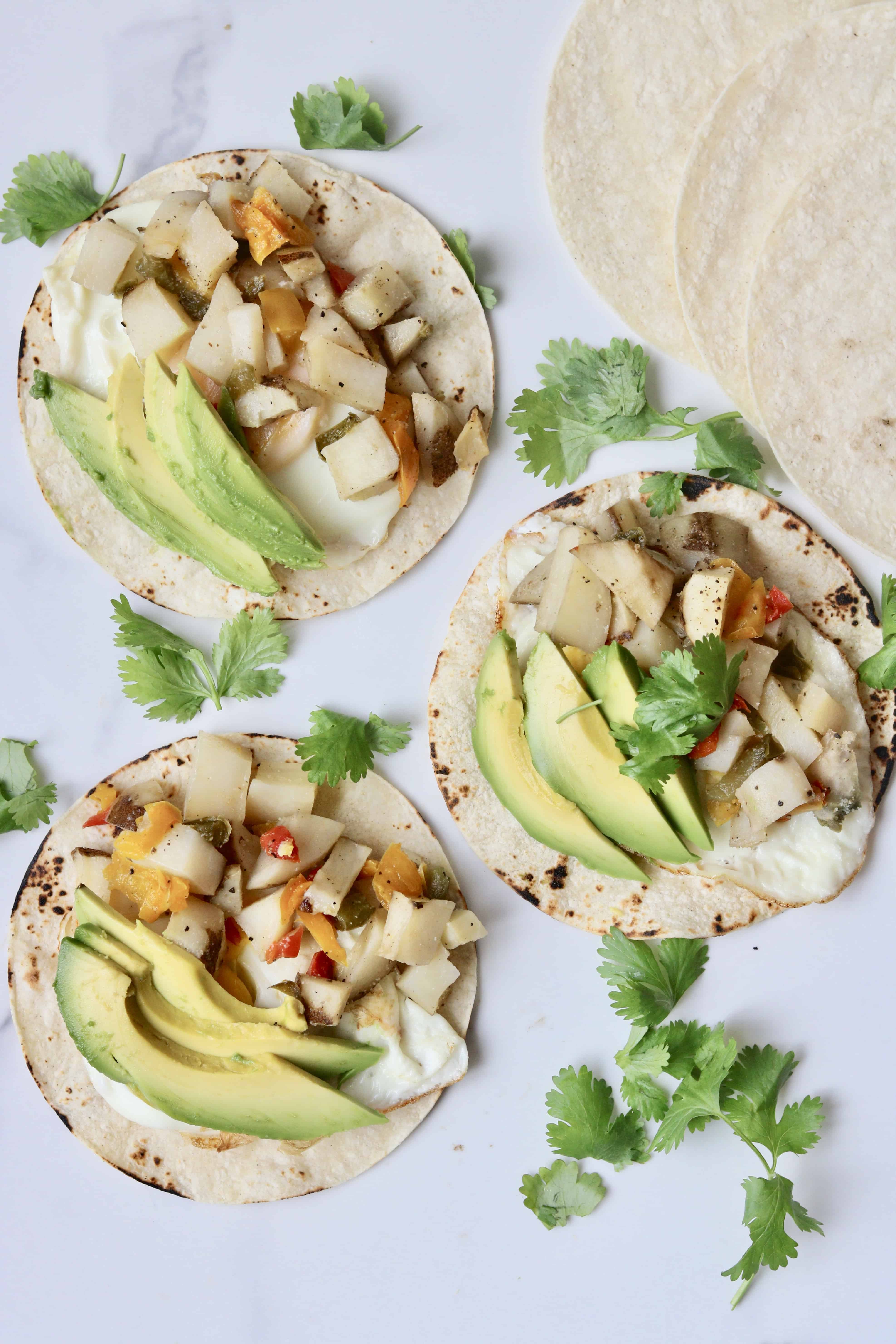 Overhead shot of breakfast tacos.