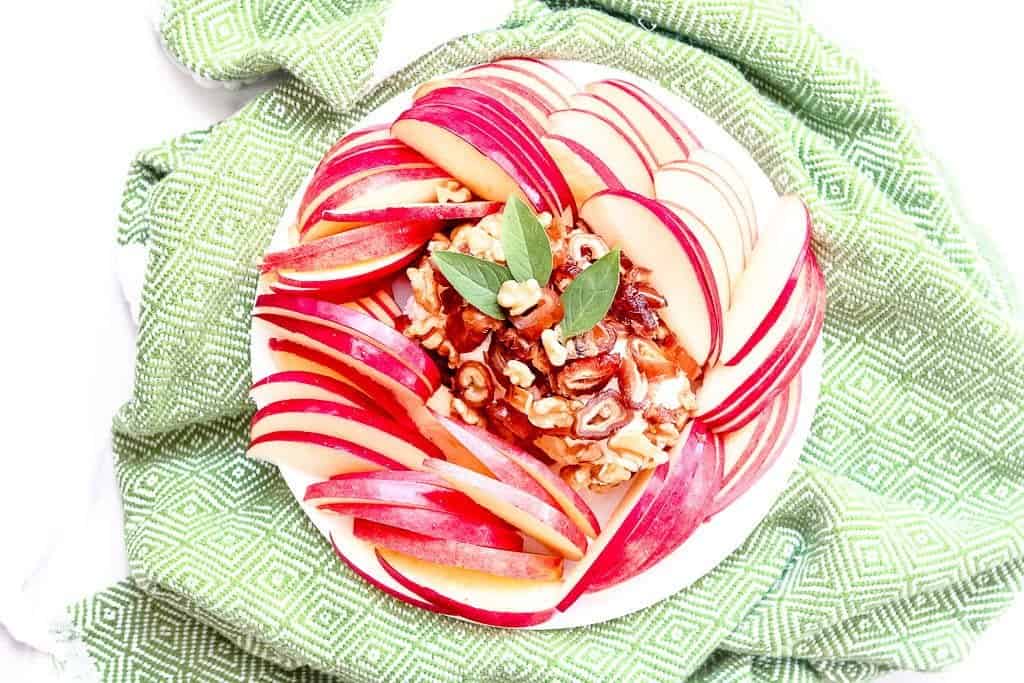 Goat Cheese, Walnut and Date Appetizer with Autumn Glory Apples - Shaw's Simple Swaps A simple 5 minute snack that comes together in no time! @shawsimpleswaps #glutenfree #simplesnacks #shawkitchen  #healthyeats