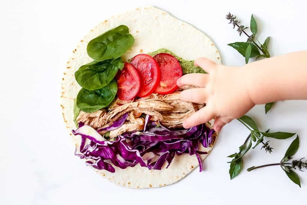 Baby Hand reaching to grab the walnut pesto wrap. 