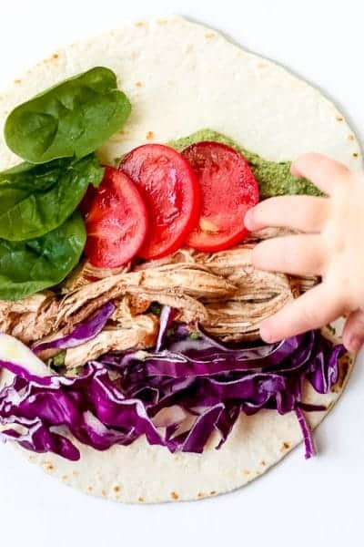 Baby Hand reaching to grab the walnut pesto wrap.