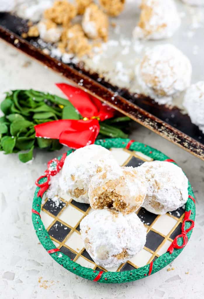 Snowball cookies plated. 