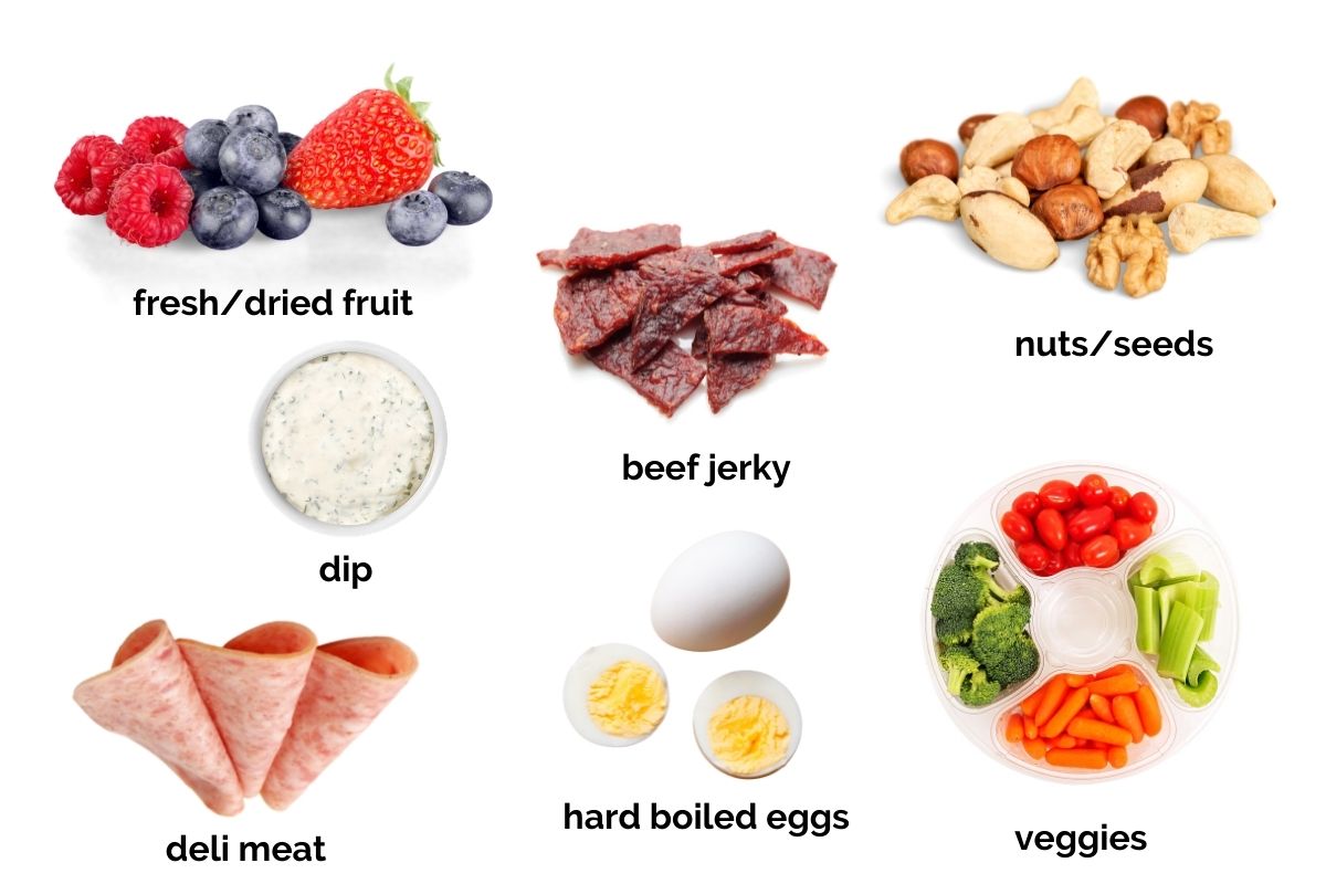 Ingredient collage of fruits, veggies, deli meats and protein sources to include in snack boxes.