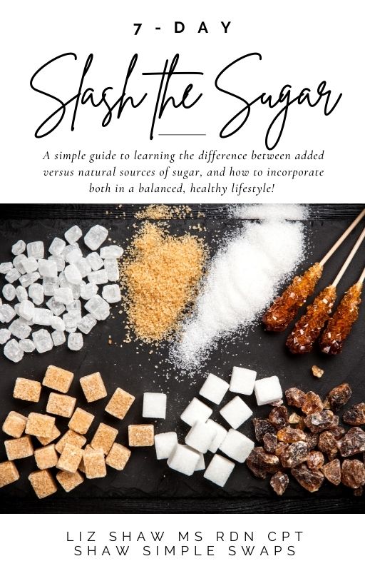 White ebook cover with title "7 Day Slash the Sugar" in black cursive with black tile and various sugar cubes on the bottom of the book in an image. 