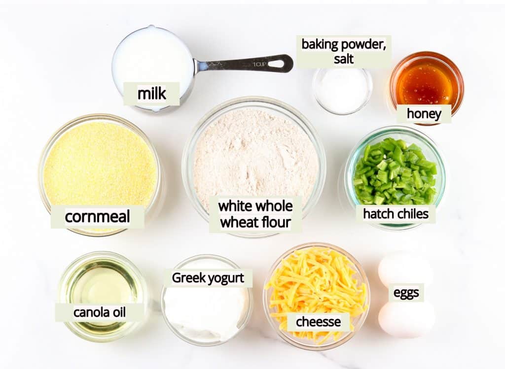 Image of ingredients needed to make healthy cornbread from scratch.