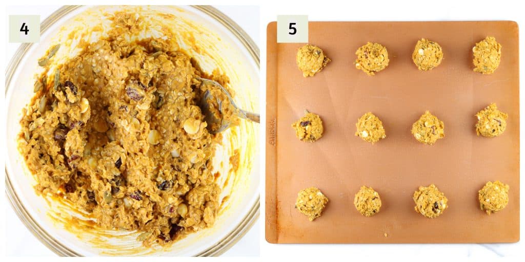Process shots for mixing and placing cookie dough on sheet.