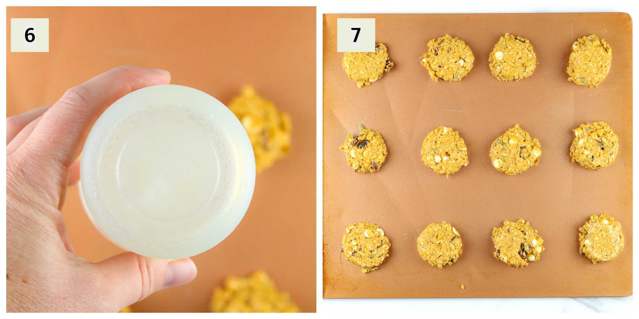 Process shots for mixing and placing cookie dough on sheet.
