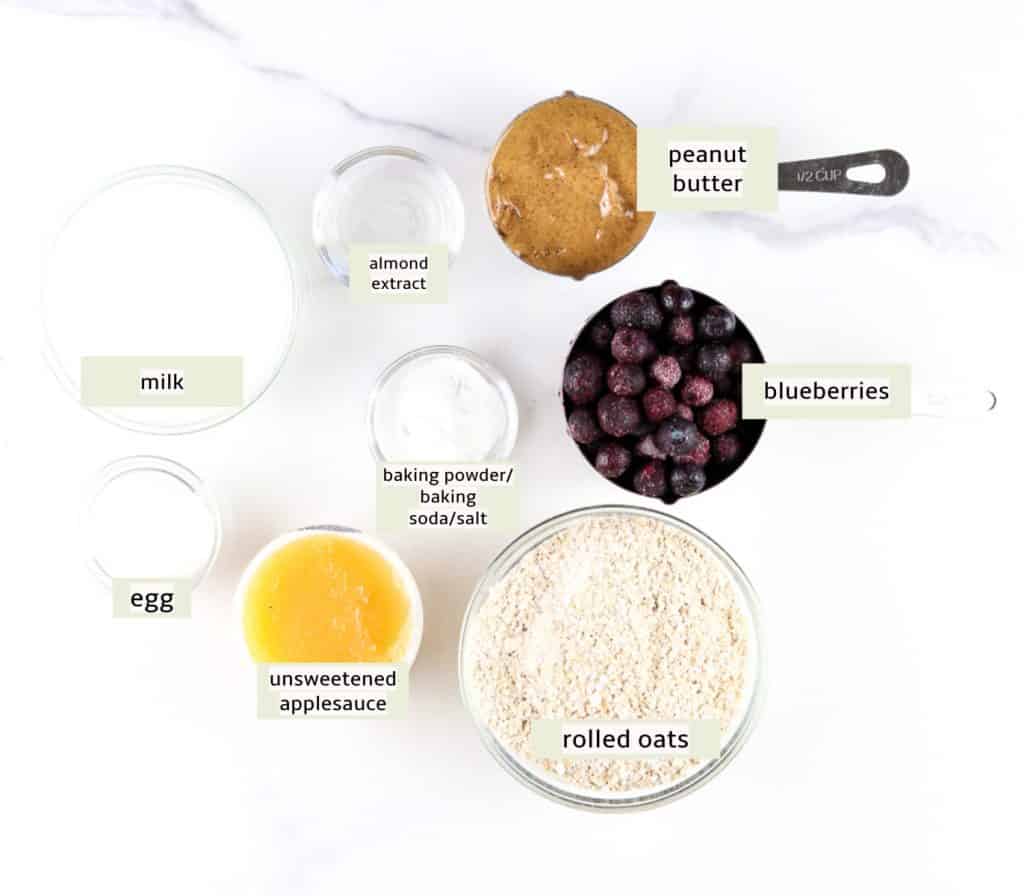 Image of ingredients labeled needed to make blueberry muffins.