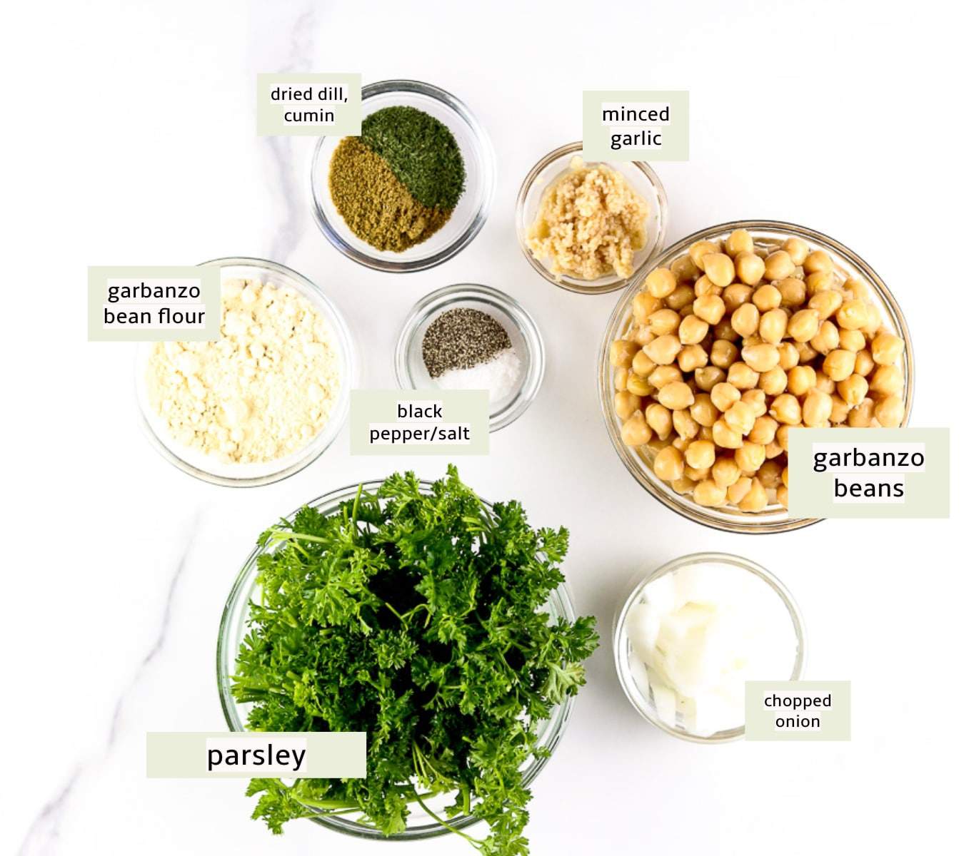 Image of ingredients for air fryer falafel. 