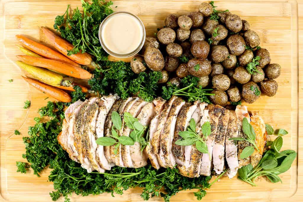 Plated image of boneless turkey roast recipe.