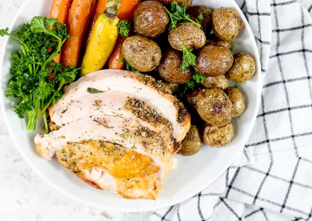 Plated turkey and sides. 