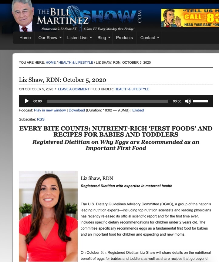 Screenshot image of Liz Shaw headshot on online website for national radio host with white background, black text, and header.