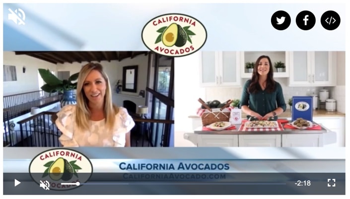 Still image of spokesperson on TV screen talking about avocados with a host and avocado logo over screen.