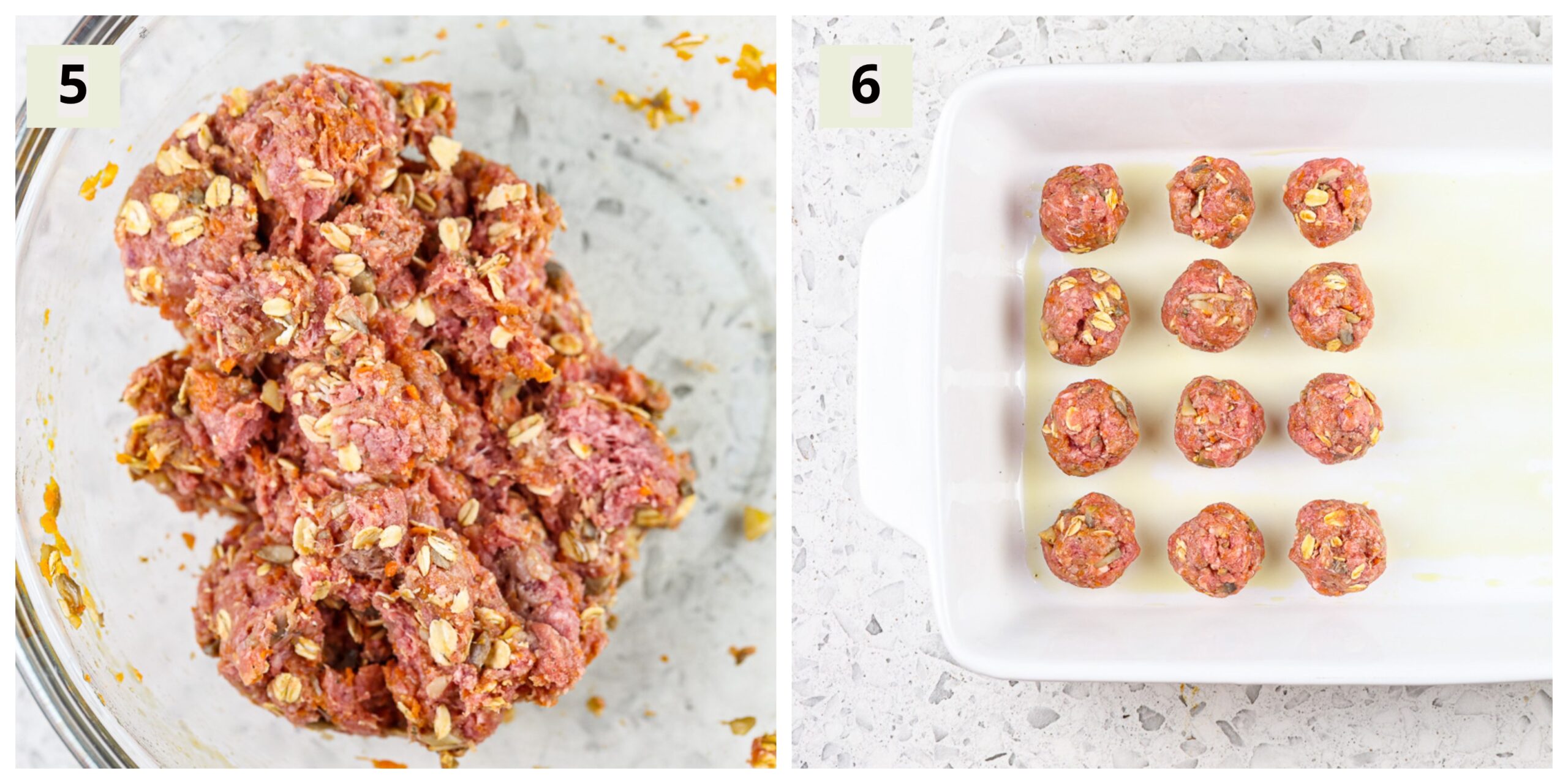 Two picture collage with first a glass bowl with raw beef baby meatballs, the second the raw meatballs formed into 1-ounce balls in a white casserole dish.