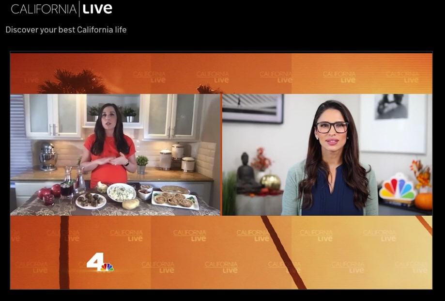 Still image of spokesperson on TV screen talking about eggs with orange outline.
