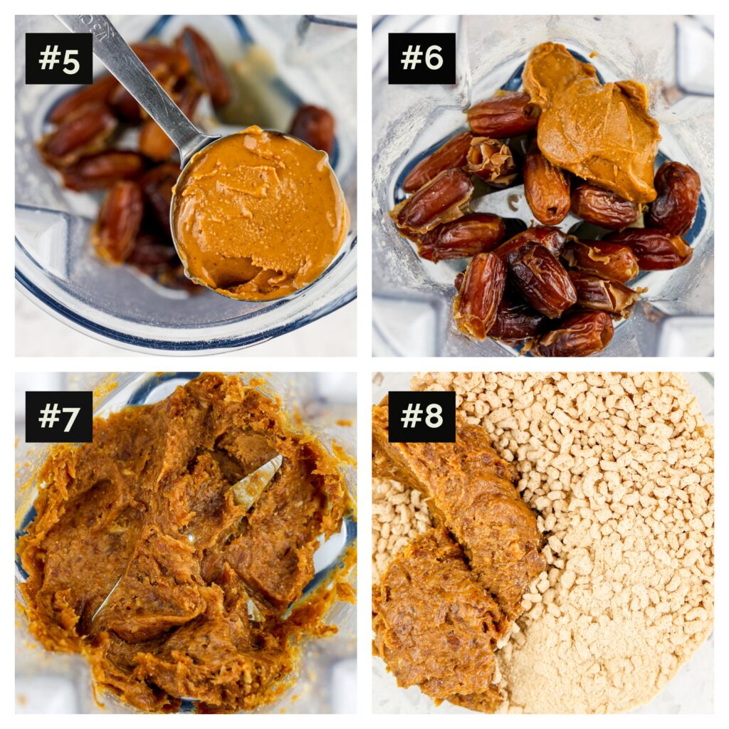 Four picture collage, including dates with nut butter in a blender, then pulsed, then combined in a glass bowl with pulsed cheerios.