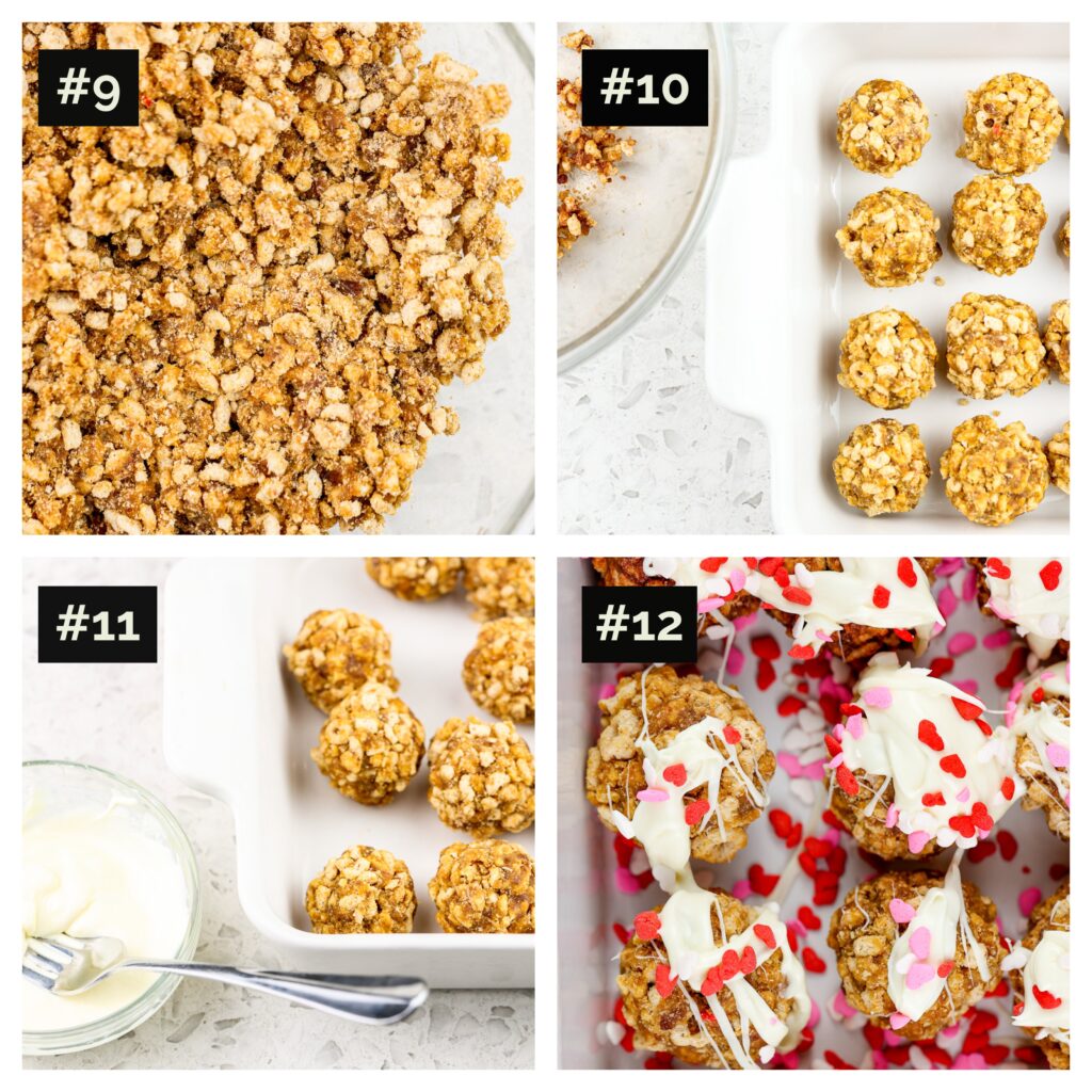 Four picture collage with final steps to make cereal cake pops, including cereal "dough" rolled into balls then covered with white chocolate and sprinkles. 