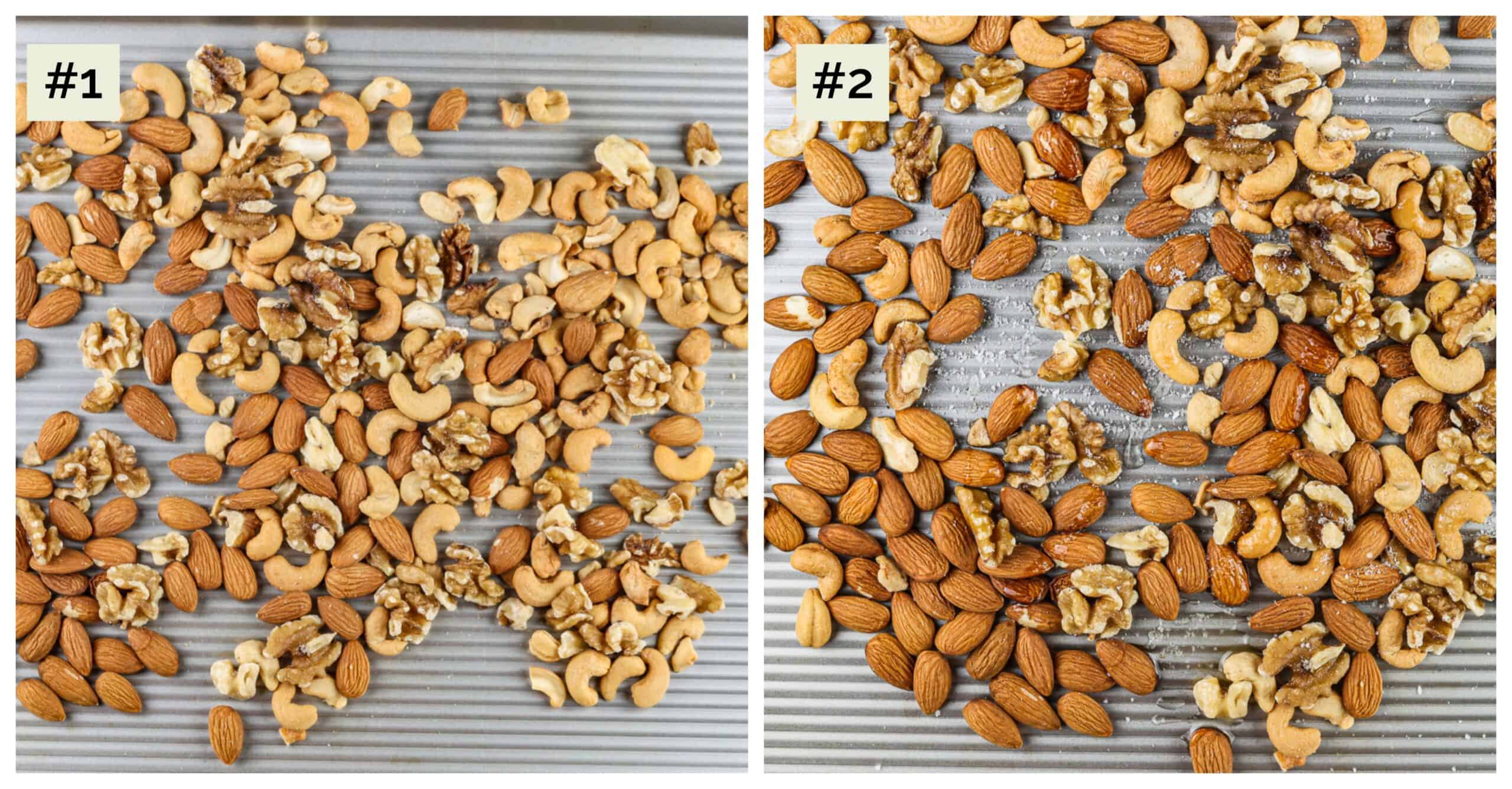 Two side by side images of nuts on baking sheets.