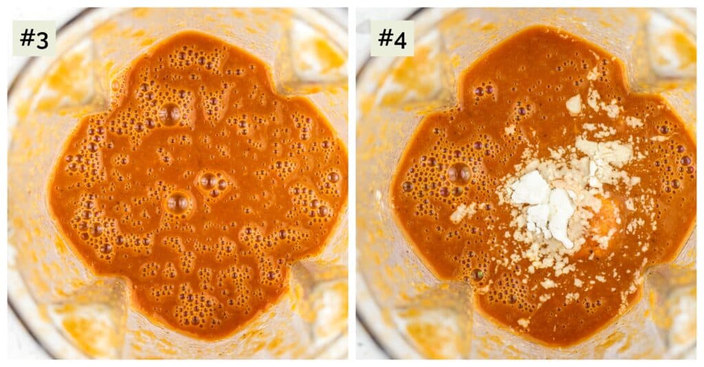 Two picture collage of red sauce in blender.