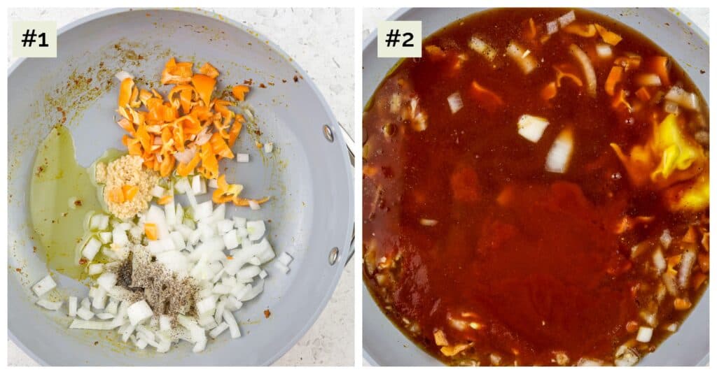 Two picture collage with first image of veggies in silver saute pan, the second image of red sauce simmering in silver pan.