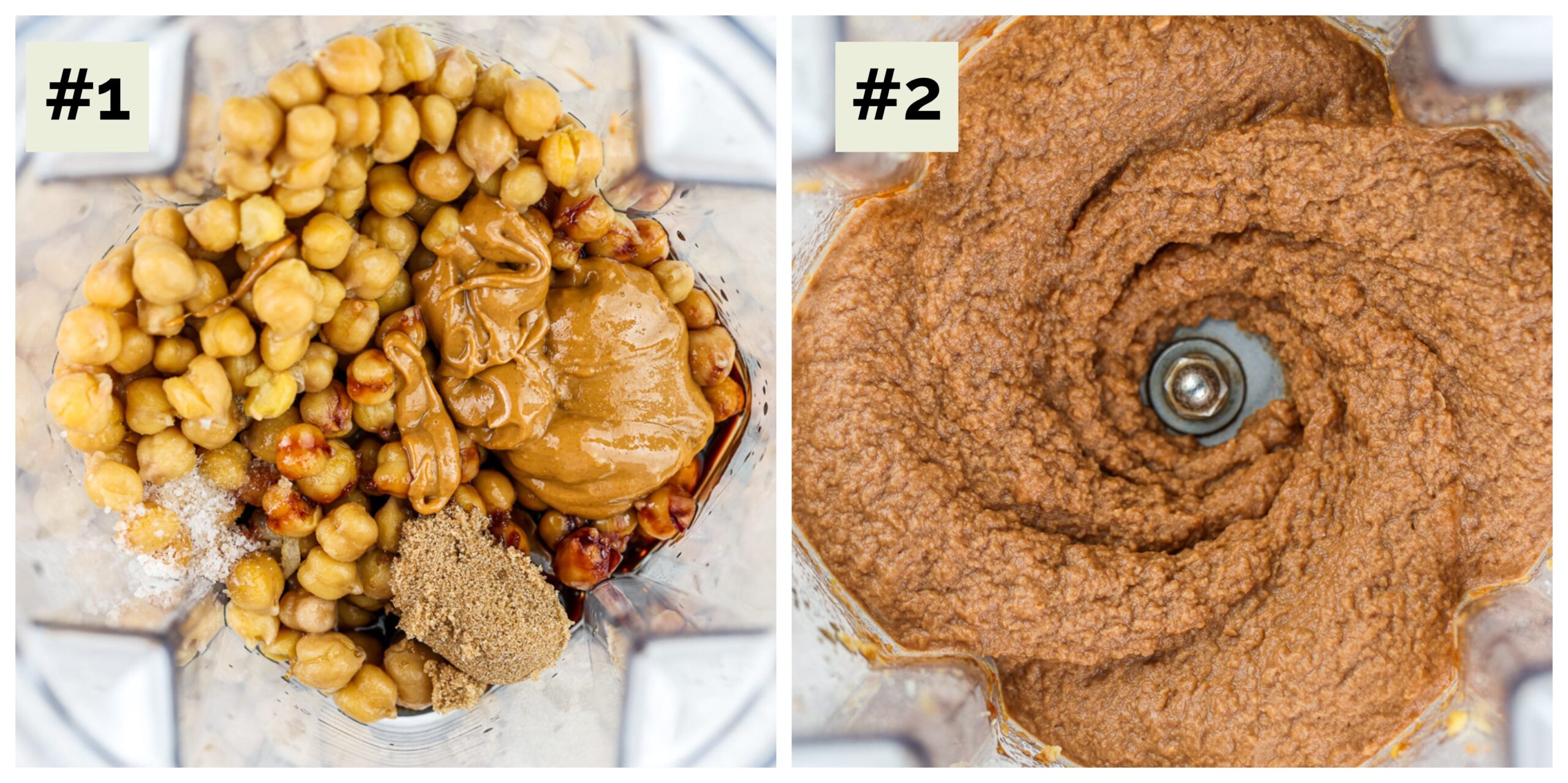 Two image collage with process shots to make chickpea cookie dough. Image 1 is a blender with chickpeas, nut butter, and date syrup, image 2 is the pureed ingredients together in the blender. It is a medium brown color. 