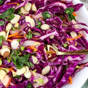 Close up picture of fork on purple cabbage slaw with sliced almonds and cilantro on top.