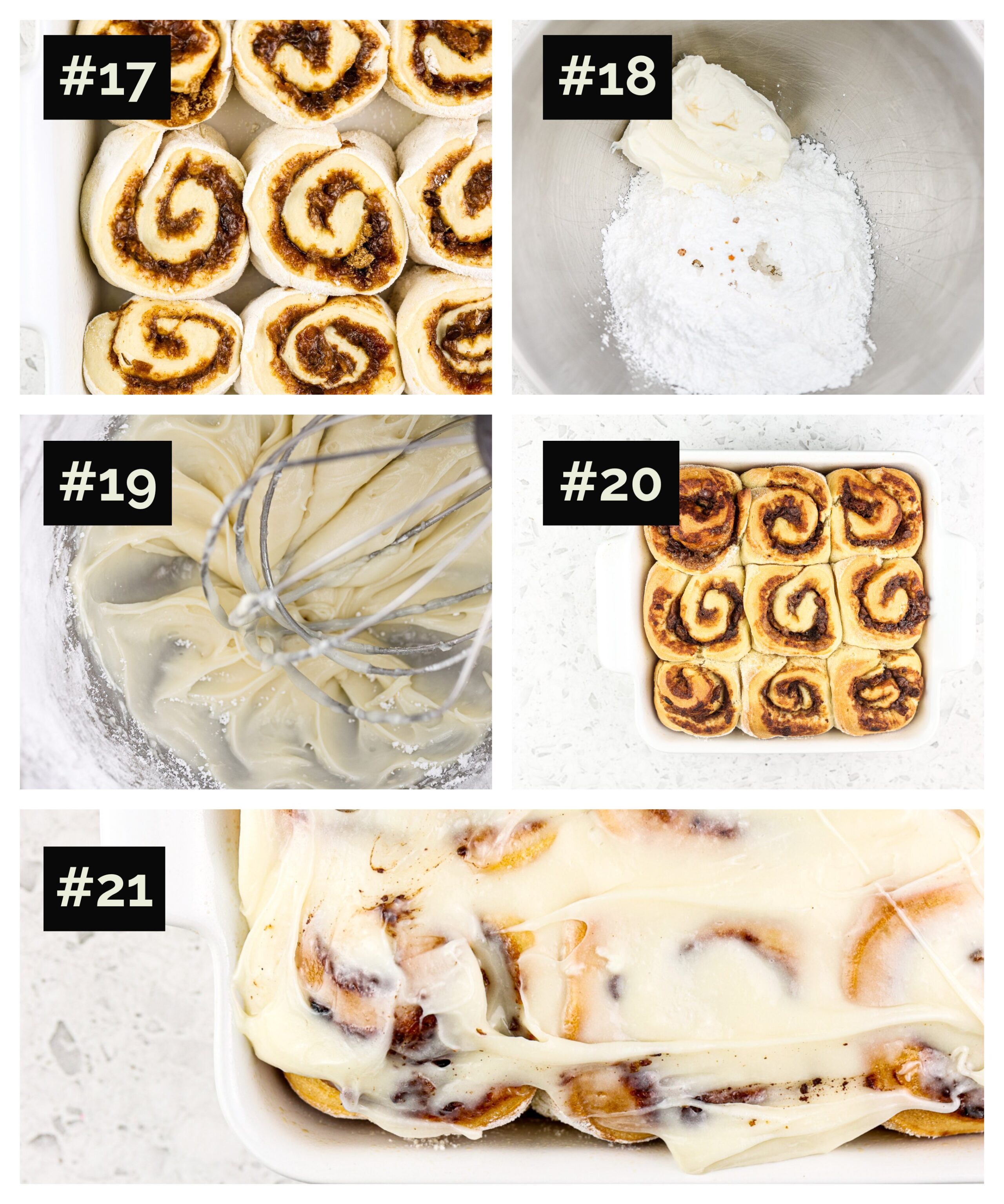 Final 5 steps in a collage format showing how to slice dough, make cream cheese white frosting in a grey stand mixer, and frost baked rolls. 