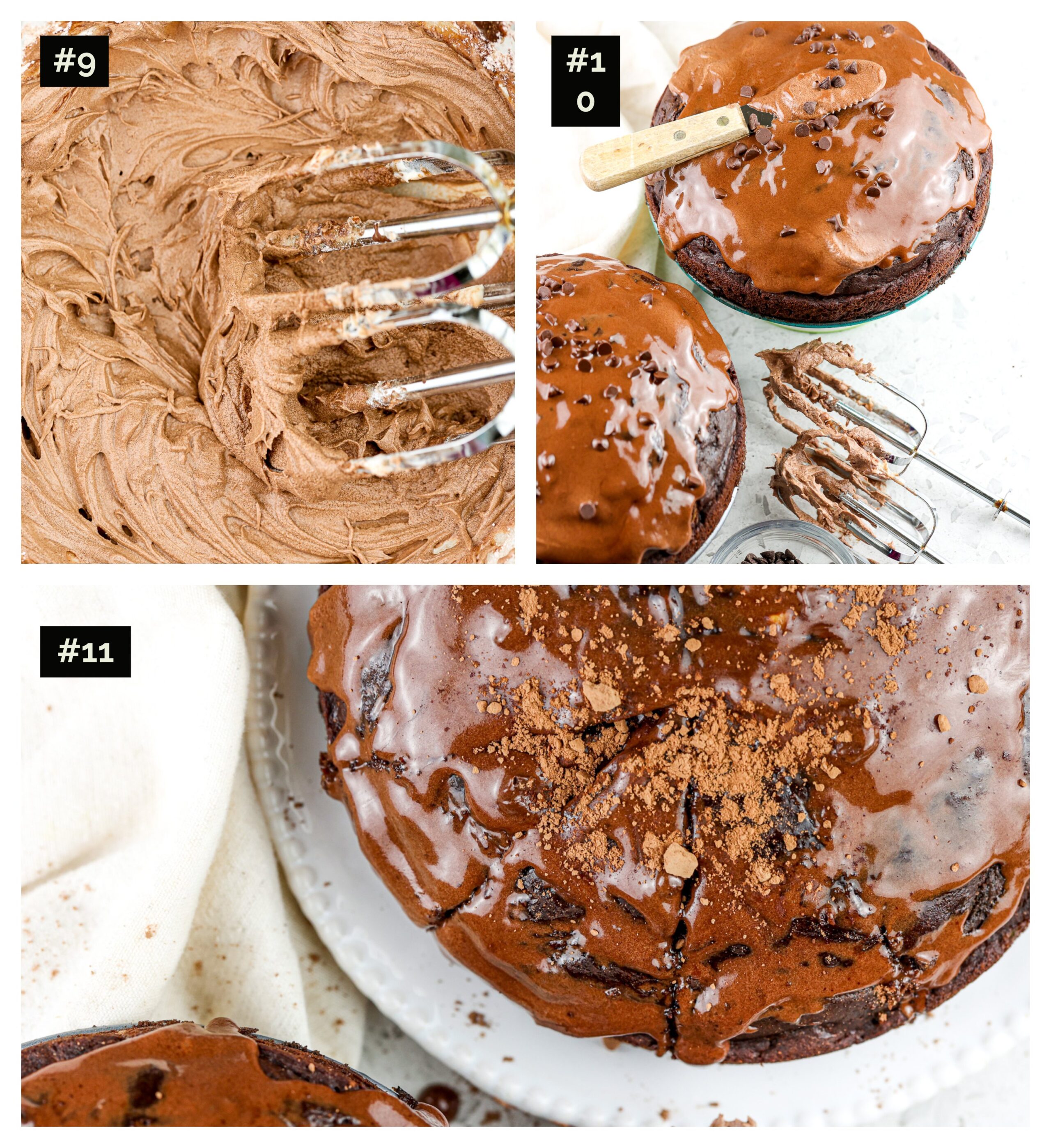Three picture collage showing how to frost chocolate cake with beaters covered in chocolate frosting then a knife on top of the chocolate cake. 