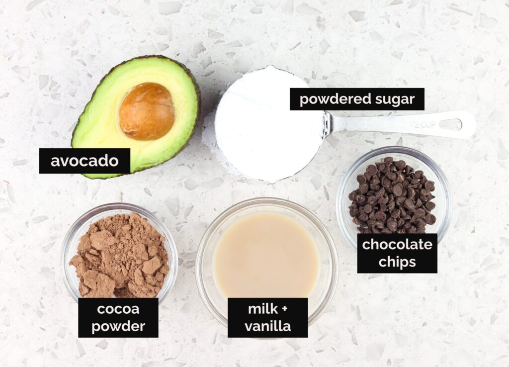White tile backdrop with avocado, cocoa powder, sugar, milk, and chocolate chips on white tile backdrop with black labels.