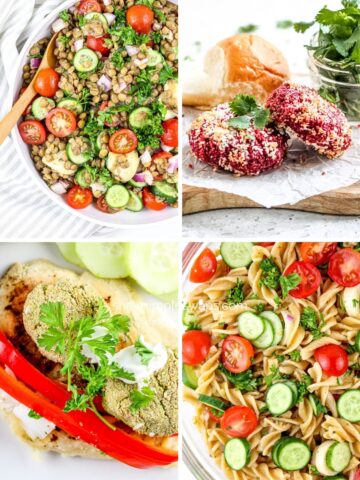 Pinterest image with 4 plant based salad and burger recipes.