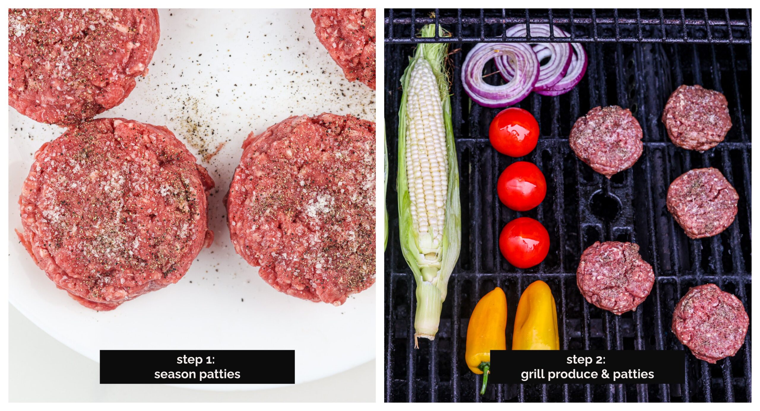 Collage image of raw ground beef patties then grill shot.