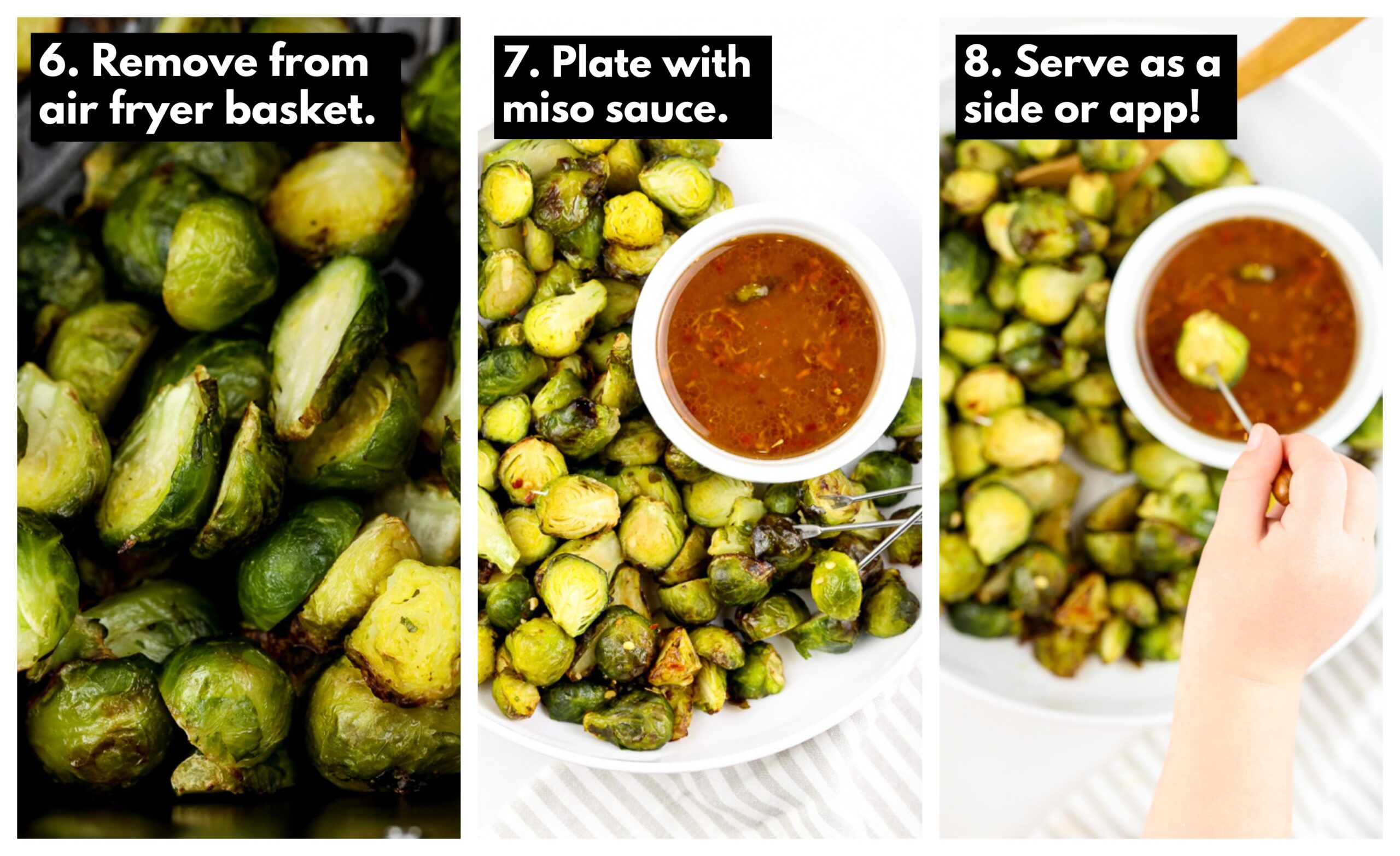 3 image collage of making brussel sprouts in air fryer and dipping in dressing.