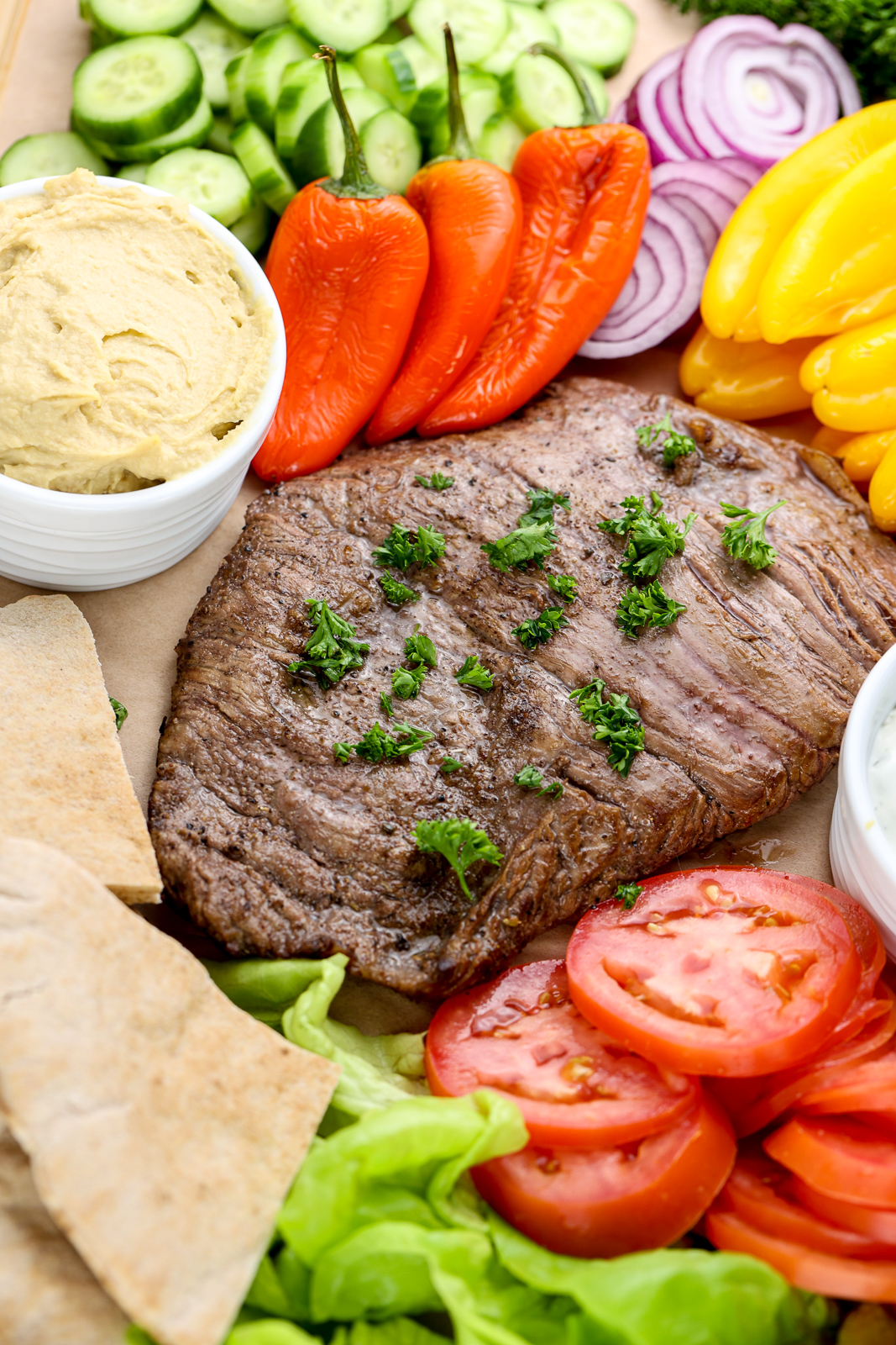 Beef Shawarma Board with fresh veggies.