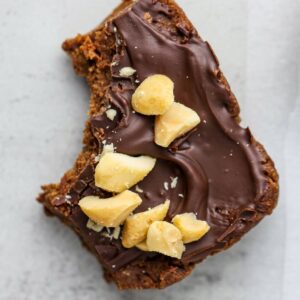 Peanut Butter Brownie Protein Bar Recipe Single shot image on grey backdrop
